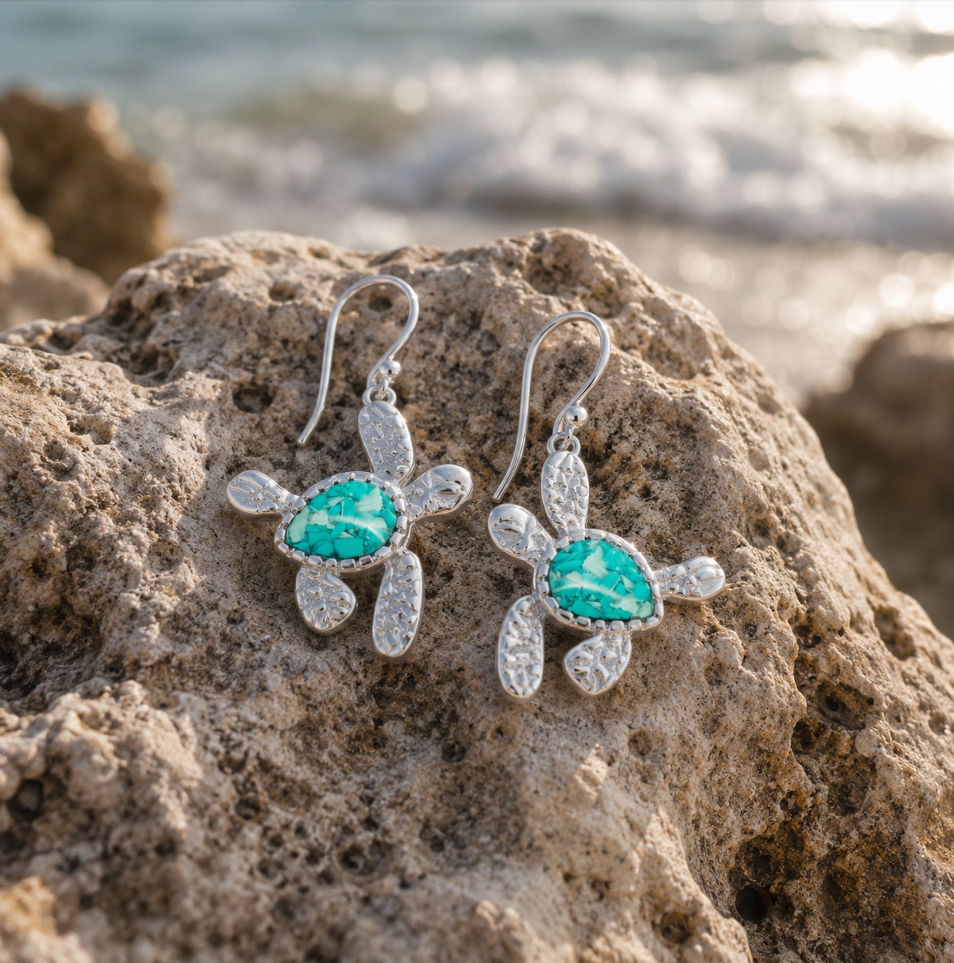 Dune Jewelry x 4ocean - Explorer Turtle Drop Earrings - Silver - Haiti Seafoam Green