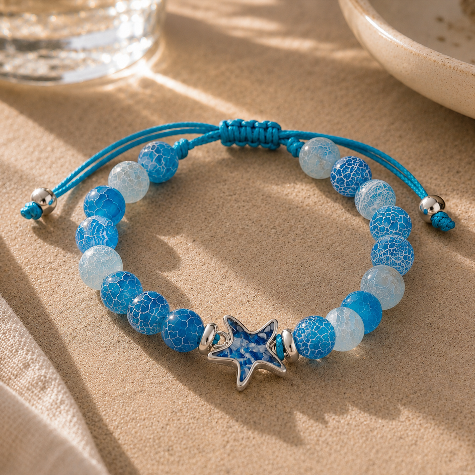 Dune Jewelry x 4ocean - Beaded Bracelet Adjustable - Starfish - Weathered Agate - Blue Plastic