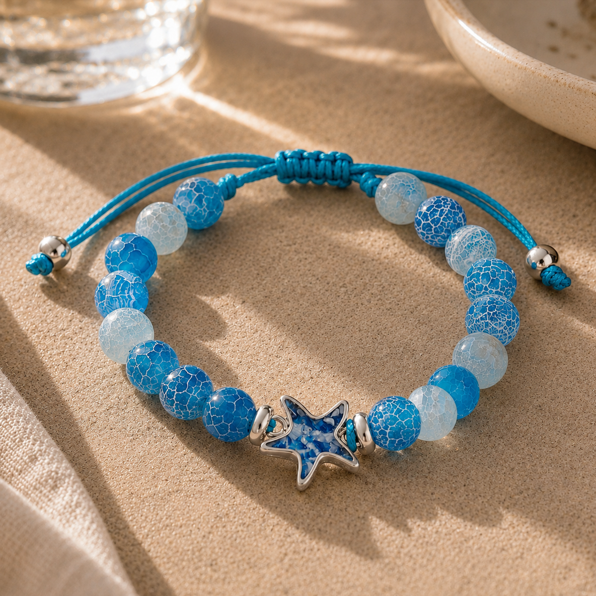 4ocean x Dune Jewelry - Beaded Bracelet Adjustable - Starfish - Weathered Agate - Blue Plastic