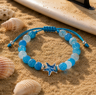 Dune Jewelry x 4ocean - Beaded Bracelet Adjustable - Starfish - Weathered Agate - Blue Plastic