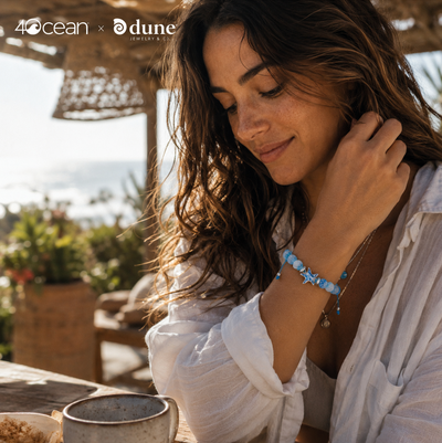Dune Jewelry x 4ocean - Beaded Bracelet Adjustable - Starfish - Weathered Agate - Blue Plastic