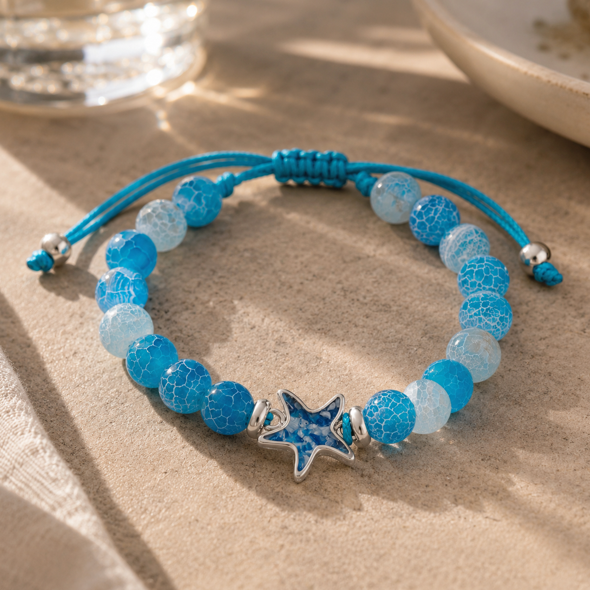 Dune Jewelry x 4ocean - Beaded Bracelet Adjustable - Starfish - Weathered Agate - Blue Plastic