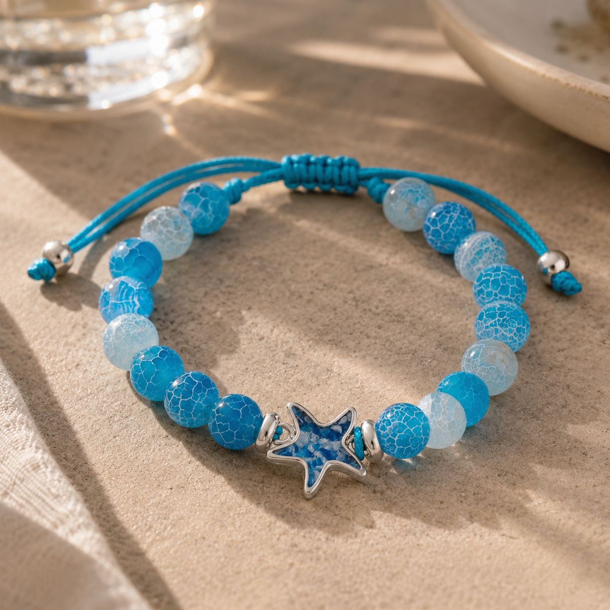 Dune Jewelry x 4ocean - Beaded Bracelet Adjustable - Starfish - Weathered Agate - Blue Plastic