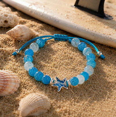 Dune Jewelry x 4ocean - Beaded Bracelet Adjustable - Starfish - Weathered Agate - Blue Plastic