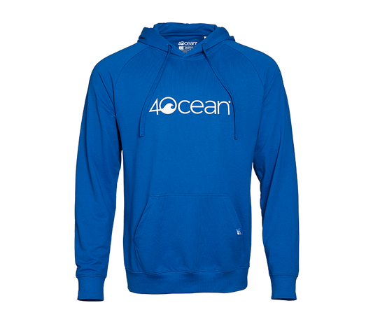 4ocean blue hooded sweatshirt - front. Front logo is "4ocean" in white.