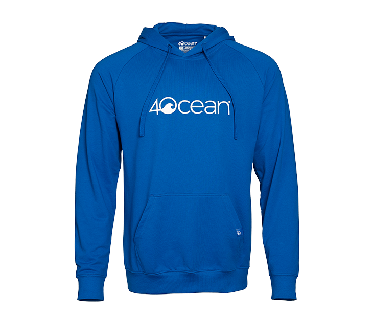 4ocean blue hooded sweatshirt - front. Front logo is "4ocean" in white.