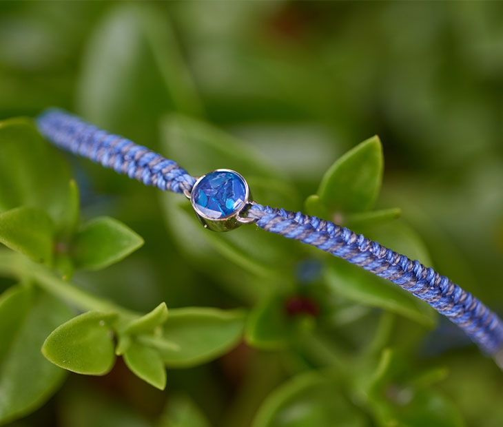 4ocean Ocean Drop Bracelet. Black and blue braided cord with stainless and blue bezel showcased on top of a vibrant green plant