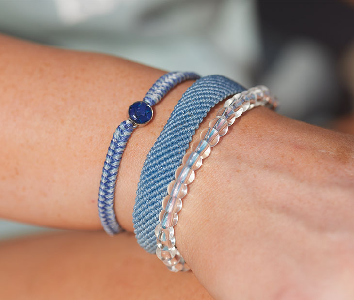 Ocean Drop Bracelet, Bali Horizon bracelet and Black-capped Petrel beaded bracelet - all in blue