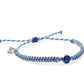 4ocean Blue Ocean Drop bracelet. Blue and white braided cord with stainless and blue bezel. Shows adjustability and 4o charm.