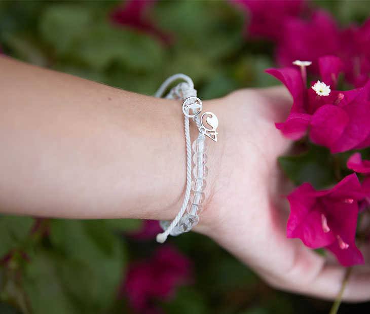 Tiger Shark bracelet being modeled on female hand with red flower in background
