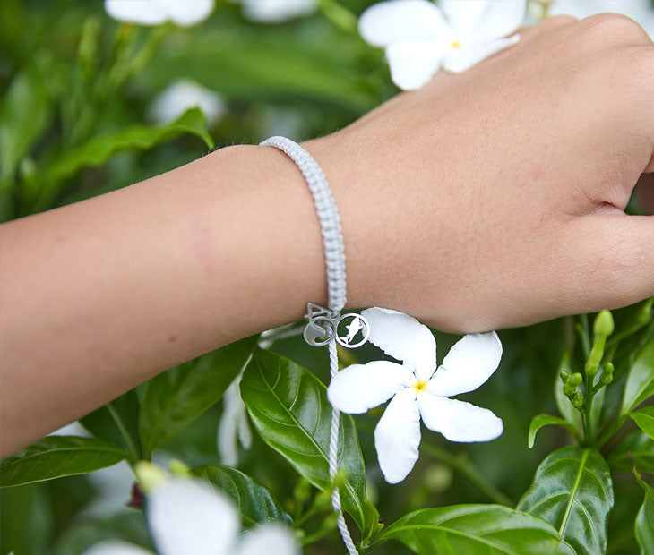 Tiger Shark bracelet being modeled on female hand with white flowers in background